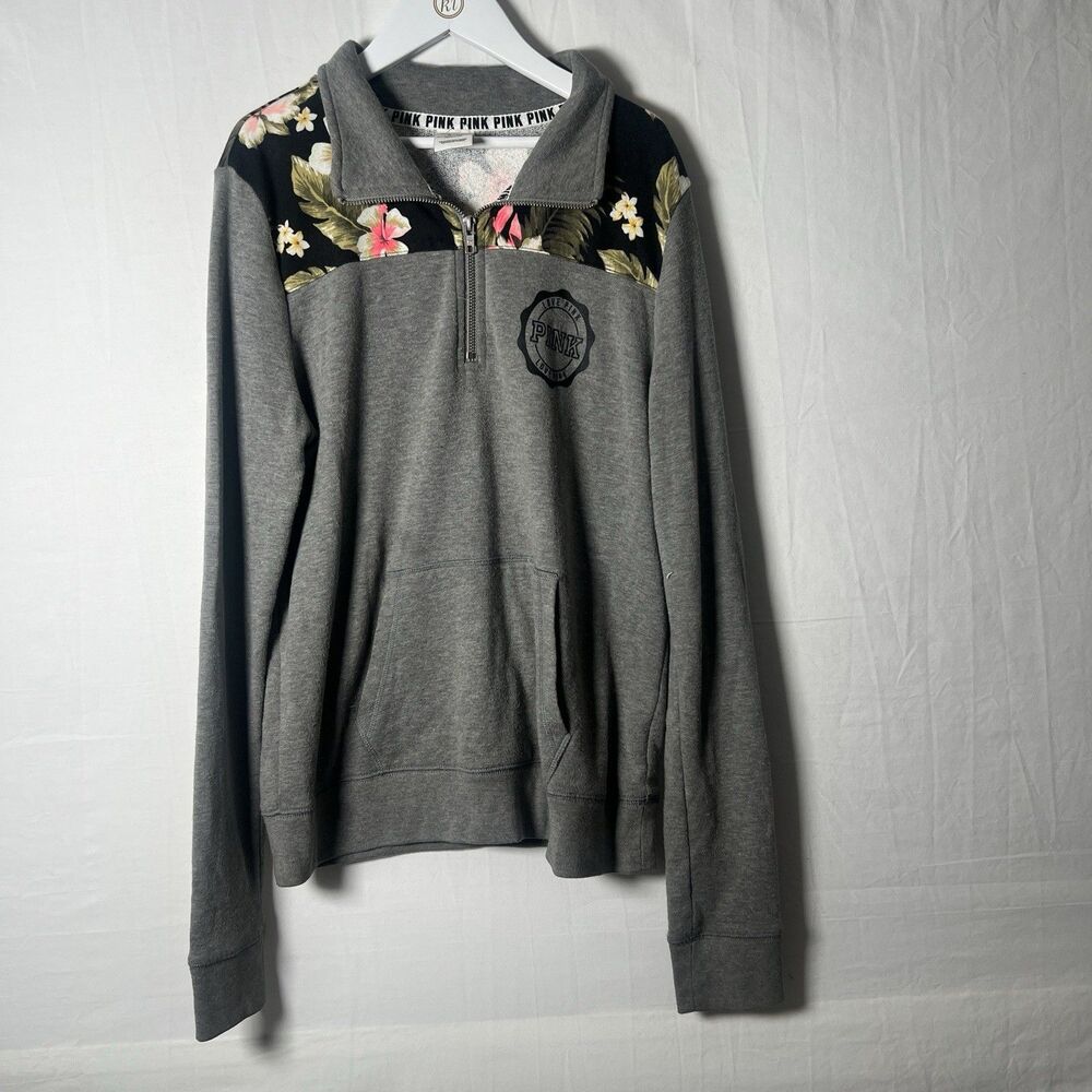 Victoria's Secret Pink Pullover Quarter Zip Sweatshirt Medium Gray Floral Comfy